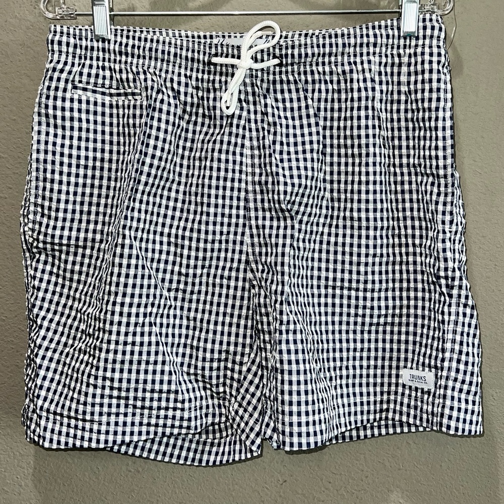 Men TRUNKS Surf & Swim Co. dark blue plaid lined swim trunk size large